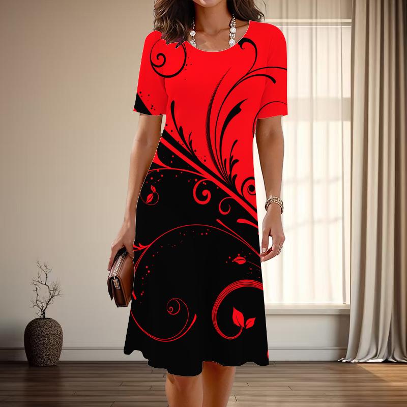 

Женская мода изящный листовидный принт лето весна короткий рукав О-образный вырез повседневные платья 5XL красный