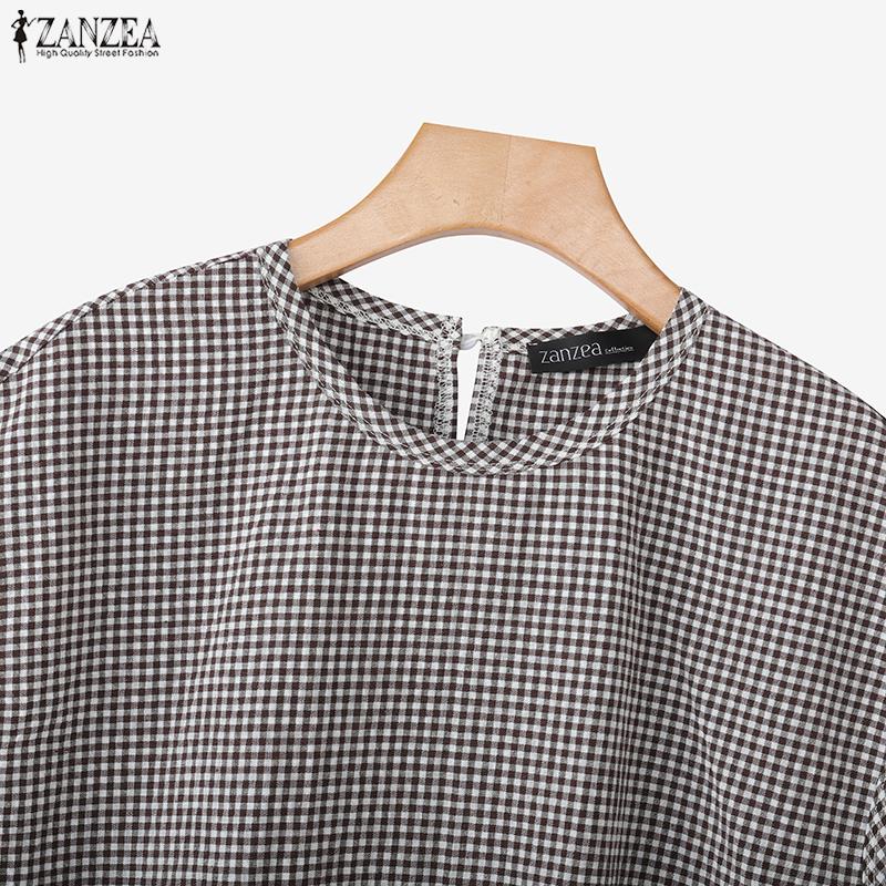 ZANZEA Women Plaid Print Casual Round Neck Sleeveless Blouse
