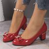 Fashionable Ribbon Detail Women’s Shiny Black Block Heel Pumps 2025 -All-Season Lightweight Synthetic Round Toe with Comfortable