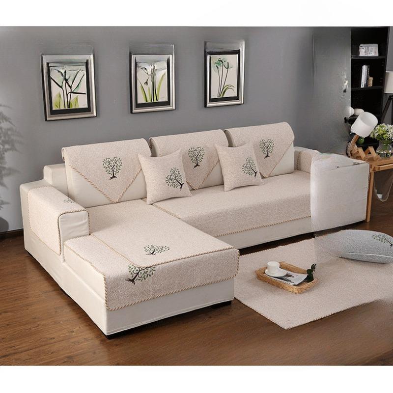Four Seasons Non-Slip Embroidered Sofa Cushion Cotton Linen Fabric Living Room Universal Linen Thickened Modern Minimalist Solid Color Sofa Towel