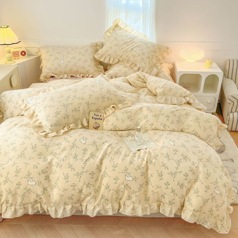 Ins Strawberry Bedding Set Spring Summer Soft Ruffles Princess Floral Duvet Cover No Filler Pillowcase Bed Sheet Quilt Cover