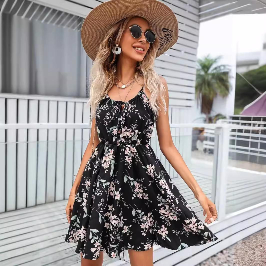 Women Floral Print Spaghetti Strap Tie Front Ruffle Hem Casual Mini Dress S