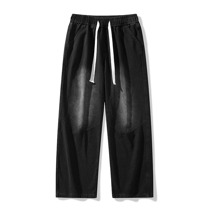 

2026 Spring Autumn Men Loose Denim Pants Men Jeans Elastic Waist Casual Wide Leg Pants High Street Boys Loose Trousers S чорний