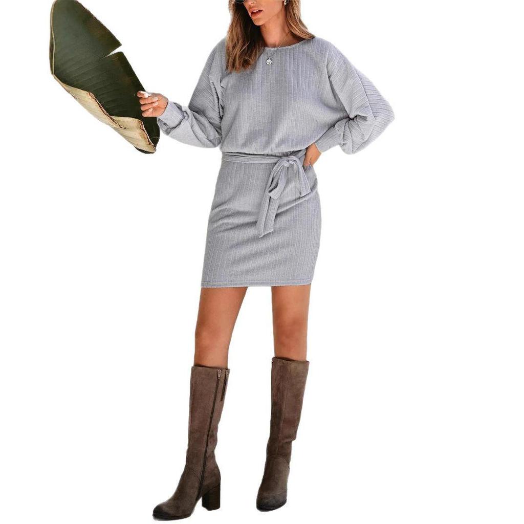 2025 European & American Spring Women's Belted Long Sleeve Ribbed Knit Dress