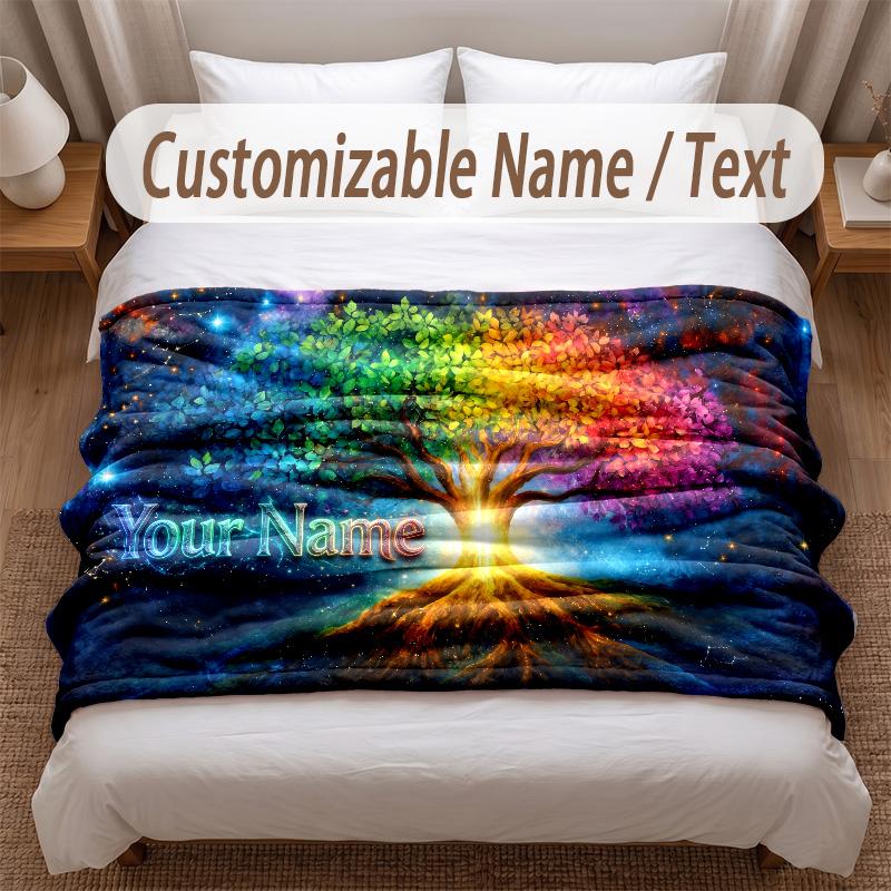 Tree of Life Theme Soft Blanket Personalized Custom Name Text Print Warm Blanket Home Sofa Bedroom Decor