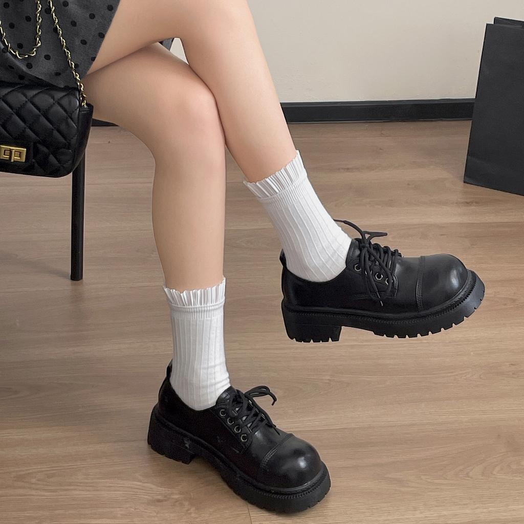 Black British Versatile Thick Heel Platform Small Leather Shoes Women's 2025 New Autumn Small Height French Single Shoes