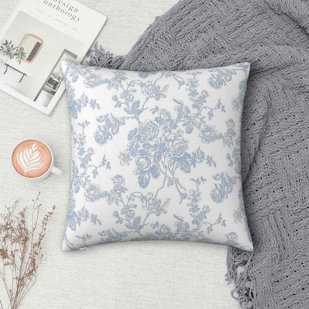 Toile Dusty Blue Roses Square Pillowcase Polyester Linen Velvet Creative Zip Decorative Pillow Case Home Cushion Cover 45X45