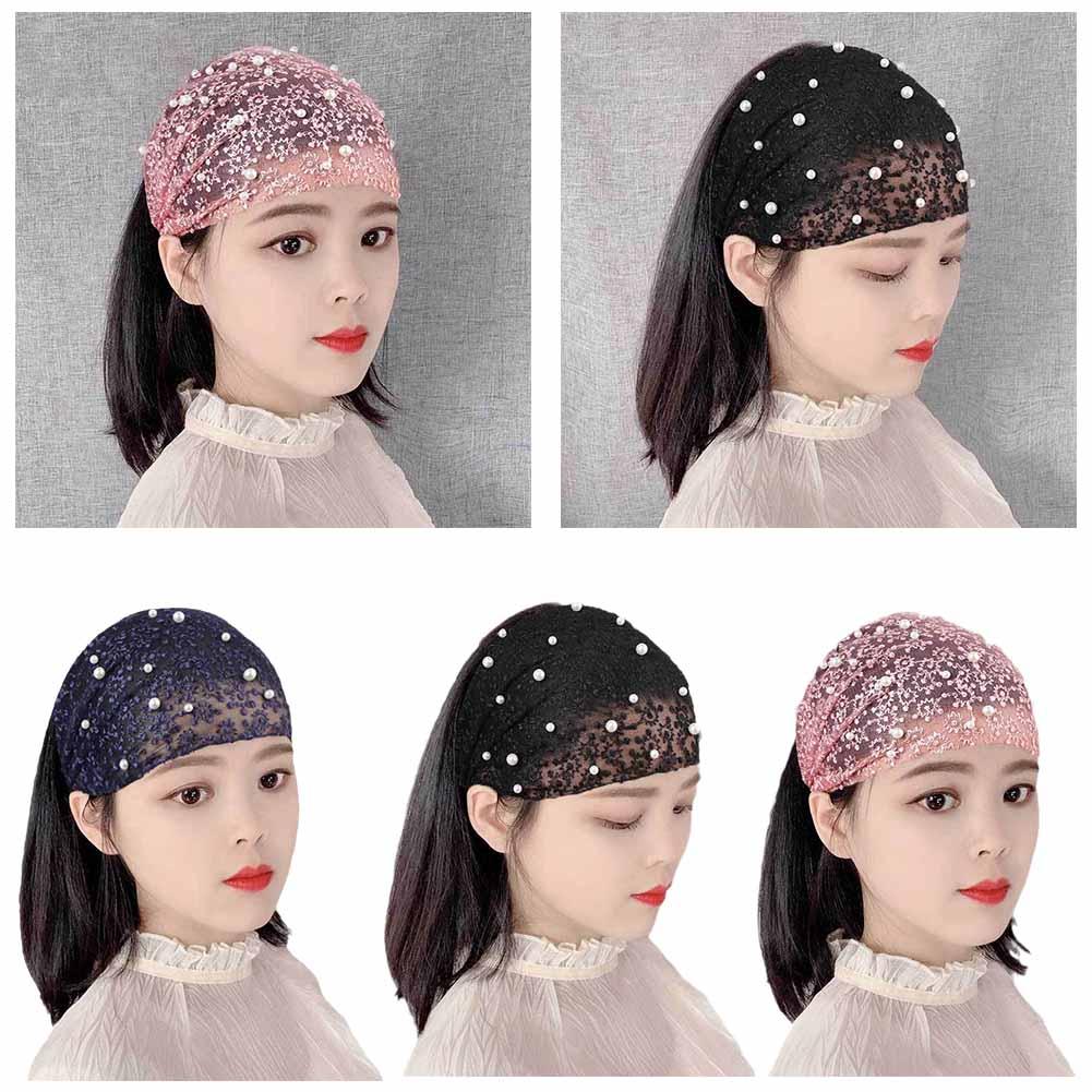 Fashion Women Wide Brimmed Headband With Pearl Decoration Turban Headband Hair Accessories Breathable Workout Lace Large