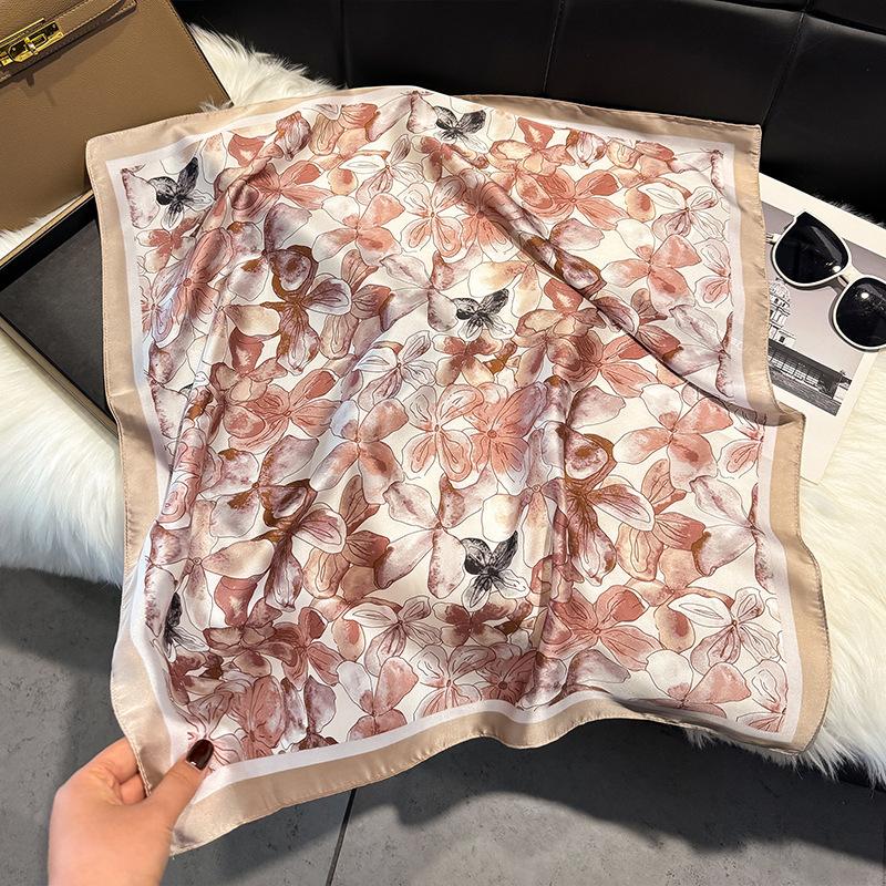 French Light Luxury Floral Small Square Scarf Simulation Silk Printing Silk Scarf Headscarf Women's Spring and Summer Scarf Temperament Scarf Scarf N