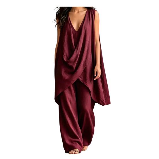 2 Piece Sets for Women, Irregular Hem Casual Sleeveless V Neck Top And Wide Leg Pants Summer Lounge Matching Outfits