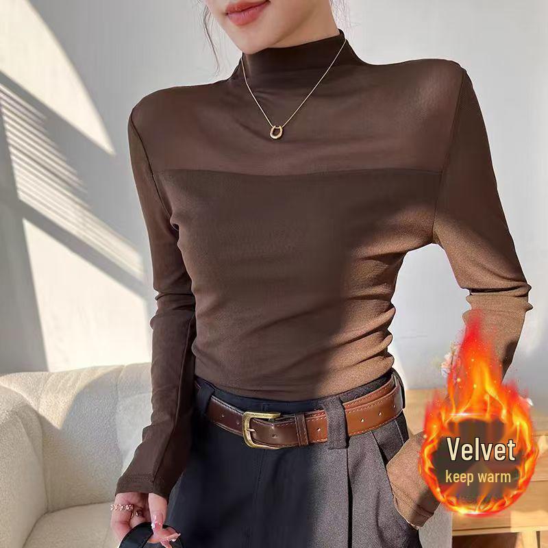 Stylish Slim-Fit Patchwork Lace Mesh Velvet Base Layer Top - High-Neck, Long-Sleeved for Autumn/Winter 2025