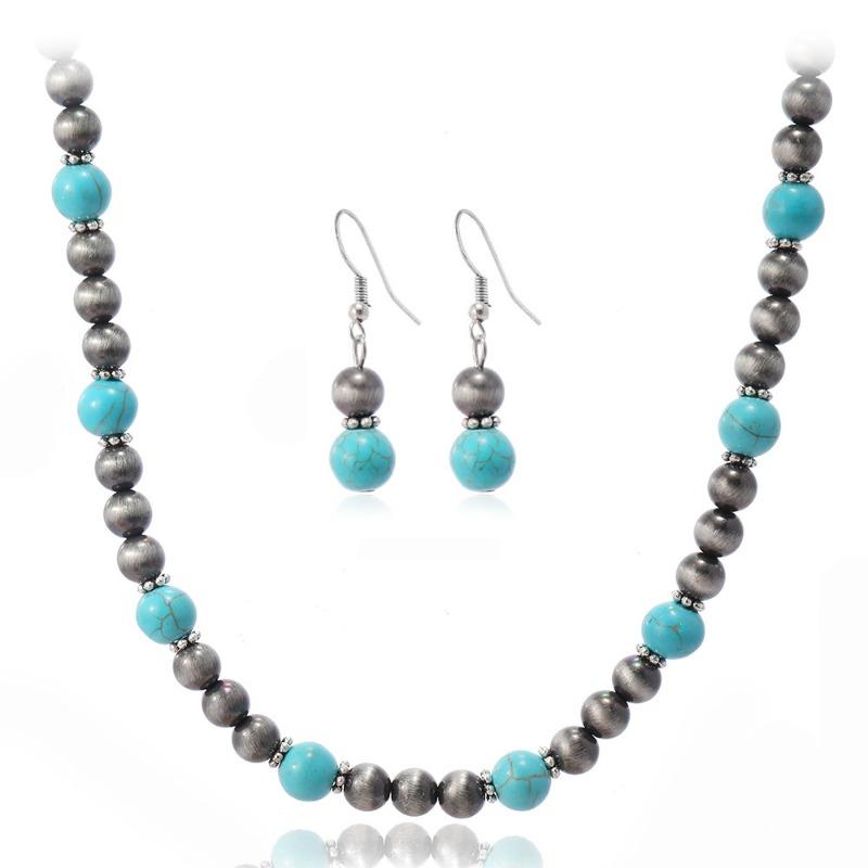 New Earrings Necklace 2-piece Fashion Turquoise Beaded Women's Earrings Necklace Chain