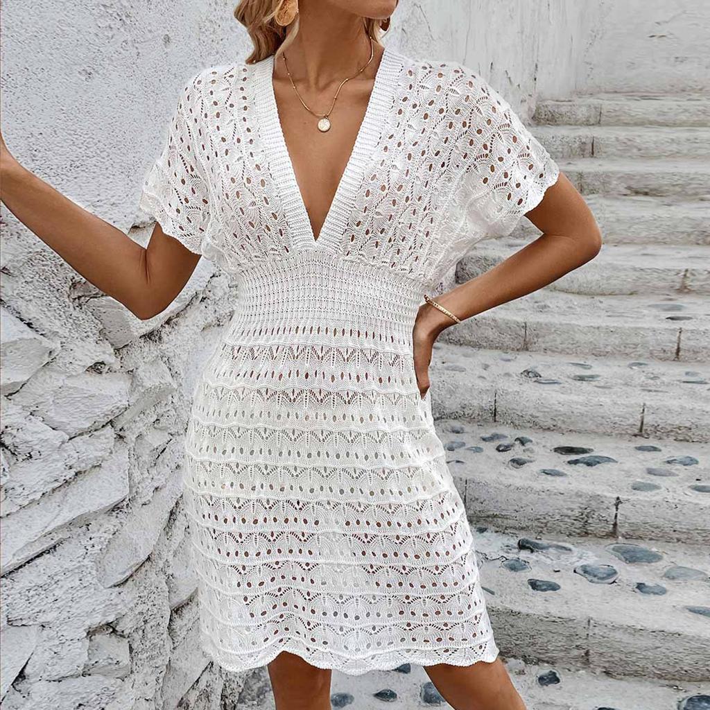 Summer Deep V-neck Beach Skirt Corrugated Hollow Elastic Waist Beach Skirt