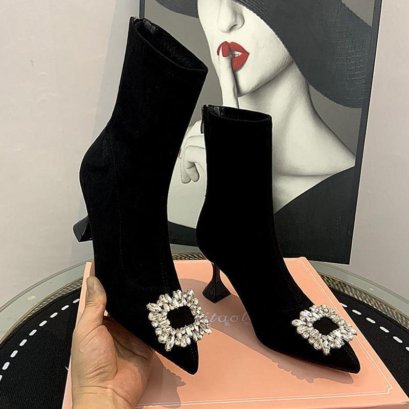 Women's shoes women's shoes temperament high heel elastic thin boots women's pointed black short boots rhinestone square buckle fashion boots women's