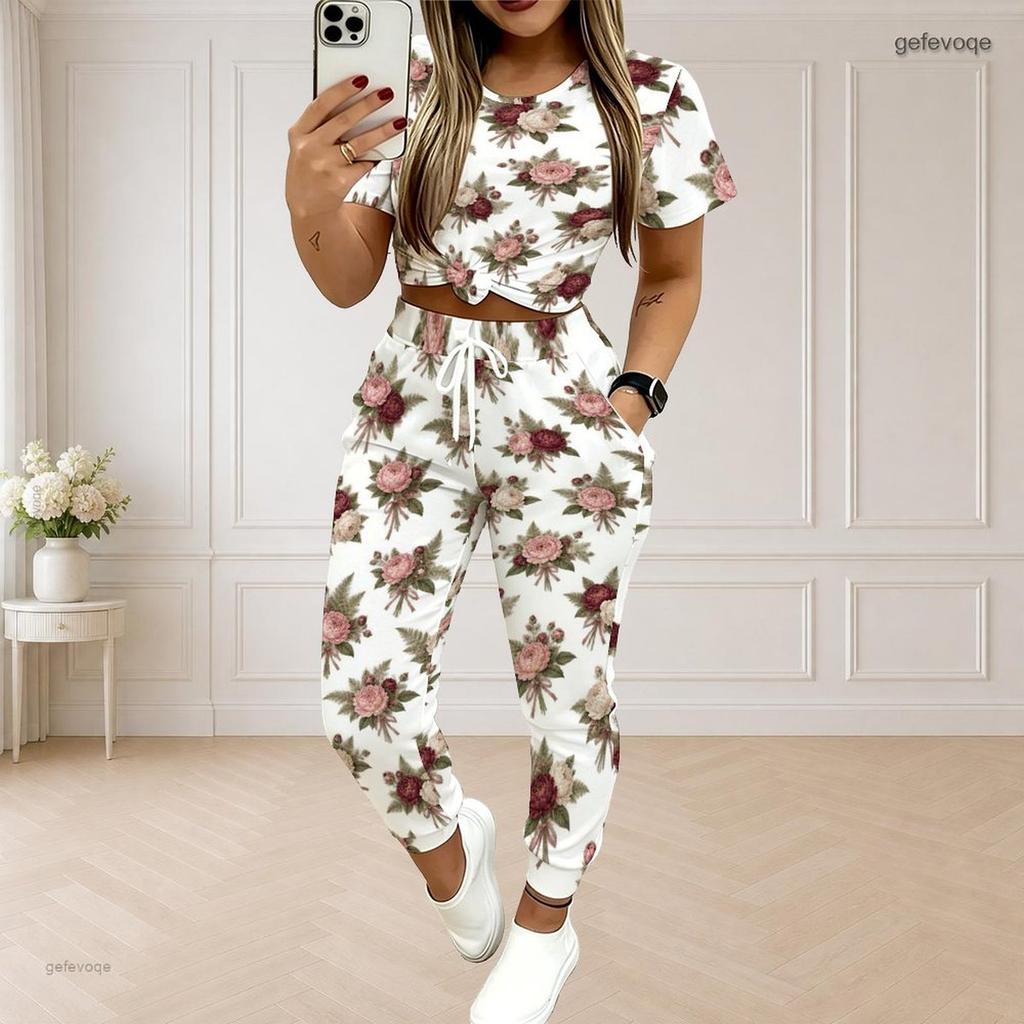 Women Plus Size Printed Round Neck Short Sleeve Top Drawstring Pocket Cuffed Pants Two Piece Set