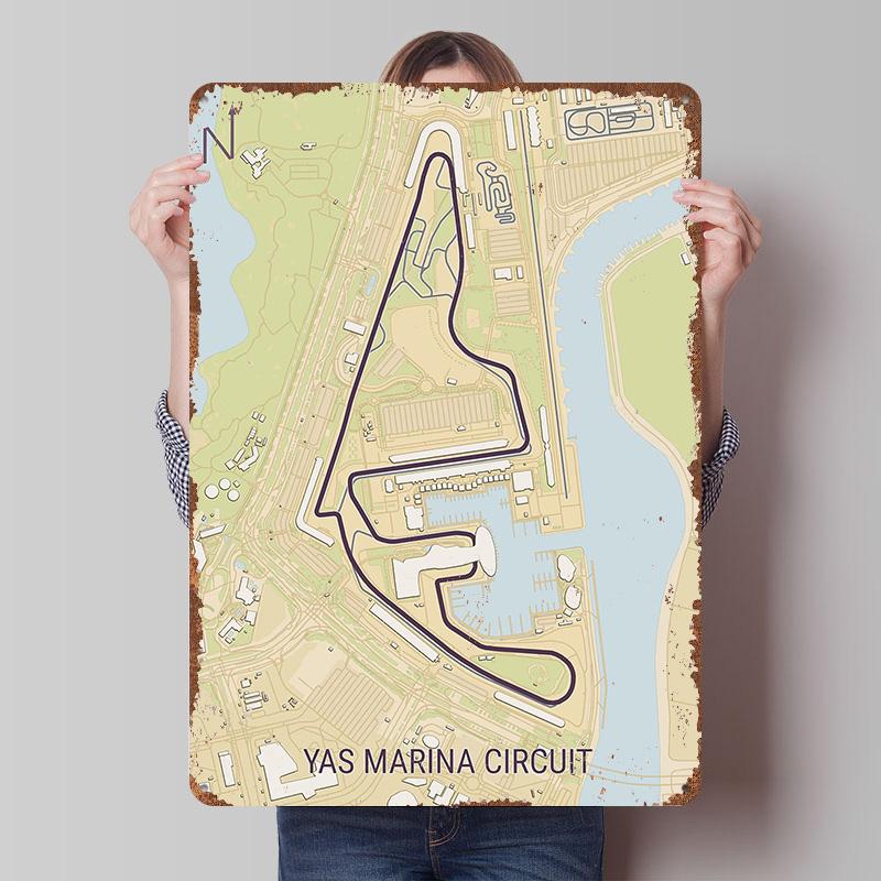 Yas Marina Circuit Map Printed Poster Customized Wall Art Retro Vintage Metal Tin Signs for Coffee Bar Accessories Desk Decor