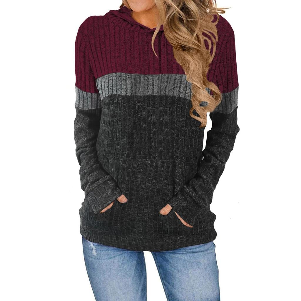 Women's Style Spring Autumn New Versatile Loose Casual Color Block Striped Pocket Hooded Pullover Sweatshirt