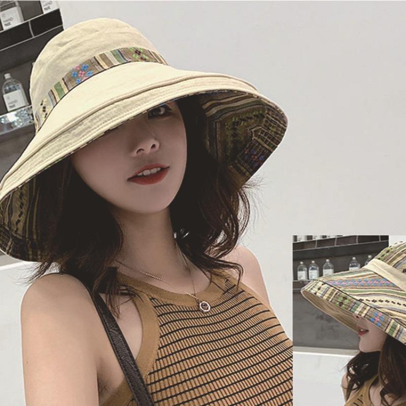 Sonnenschutz UV-Schutz Sonnenschirmhut Ethno-Stil Retro-Hut mit Kordelzug Damen Outdoor Sonnenschutz Schatten Wanderhut Doppelseitiger Fischerhut