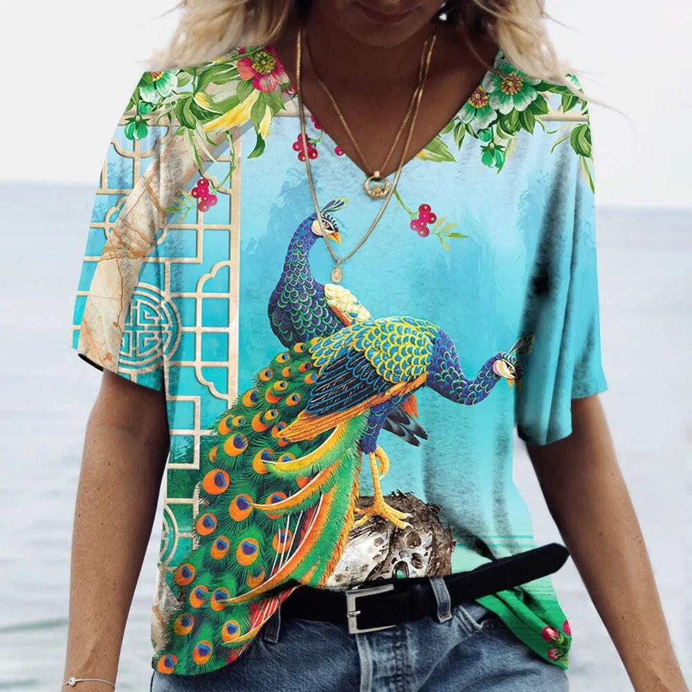 Women's V-Neck T-Shirt Peacock 3D Print Casual Fashion Summer Pullover Short Sleeve Harajuku Oversized Tops Tees For Ladies