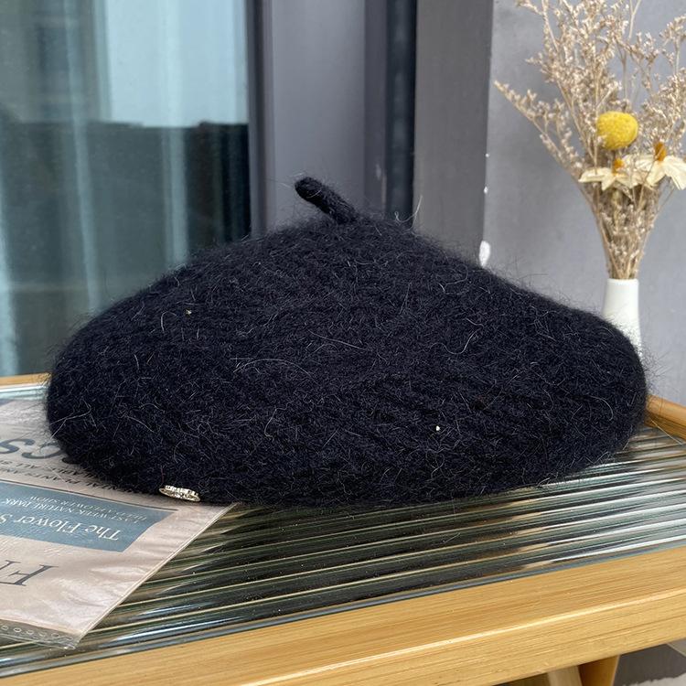 

Temperament Elegant Rabbit Fur Knitted Beret Children Wool Painter Hat Versatile Iron Standard Bud Hat Tide M（56-58cm） чорний