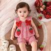 2 pezzi/set Outfit Ricamato a Fragole per Bambina Piccola con Fiocchi a Quadretti Set di Vestiti per Bambini Piccoli 6M-3A