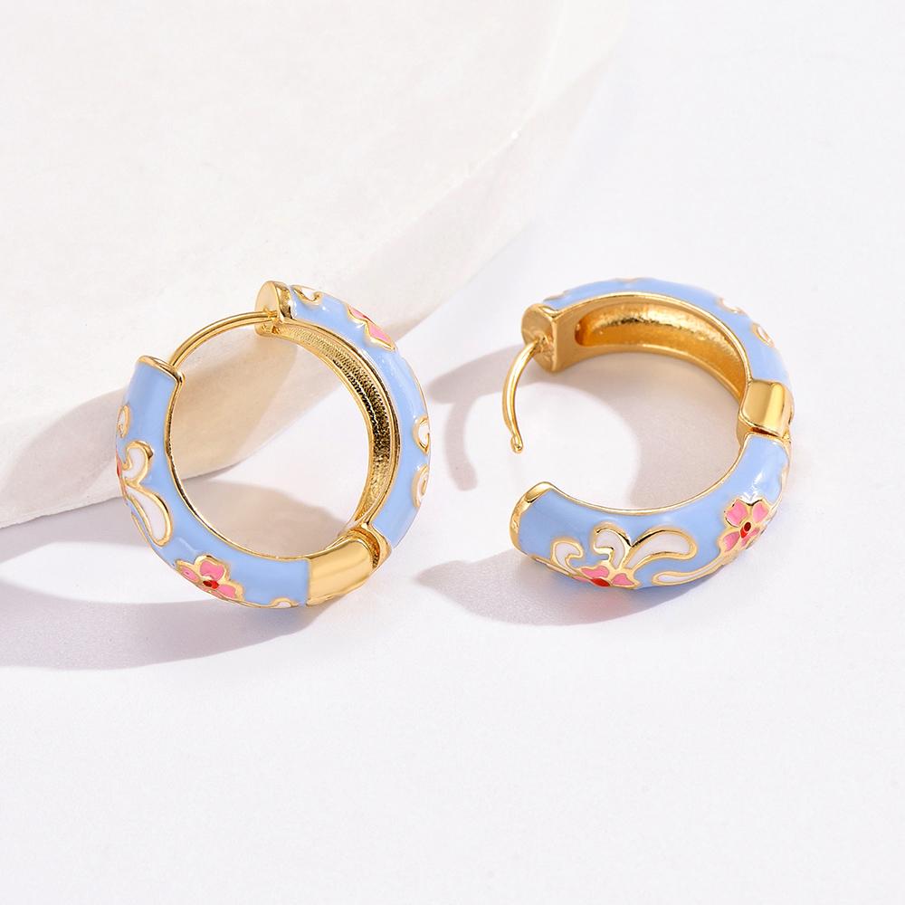 Vintage Colorful Enamel Flowers Huggies Earrings for Women Girls Gold Plated Round Circle Hoop Earrings Female Classic Jewelry