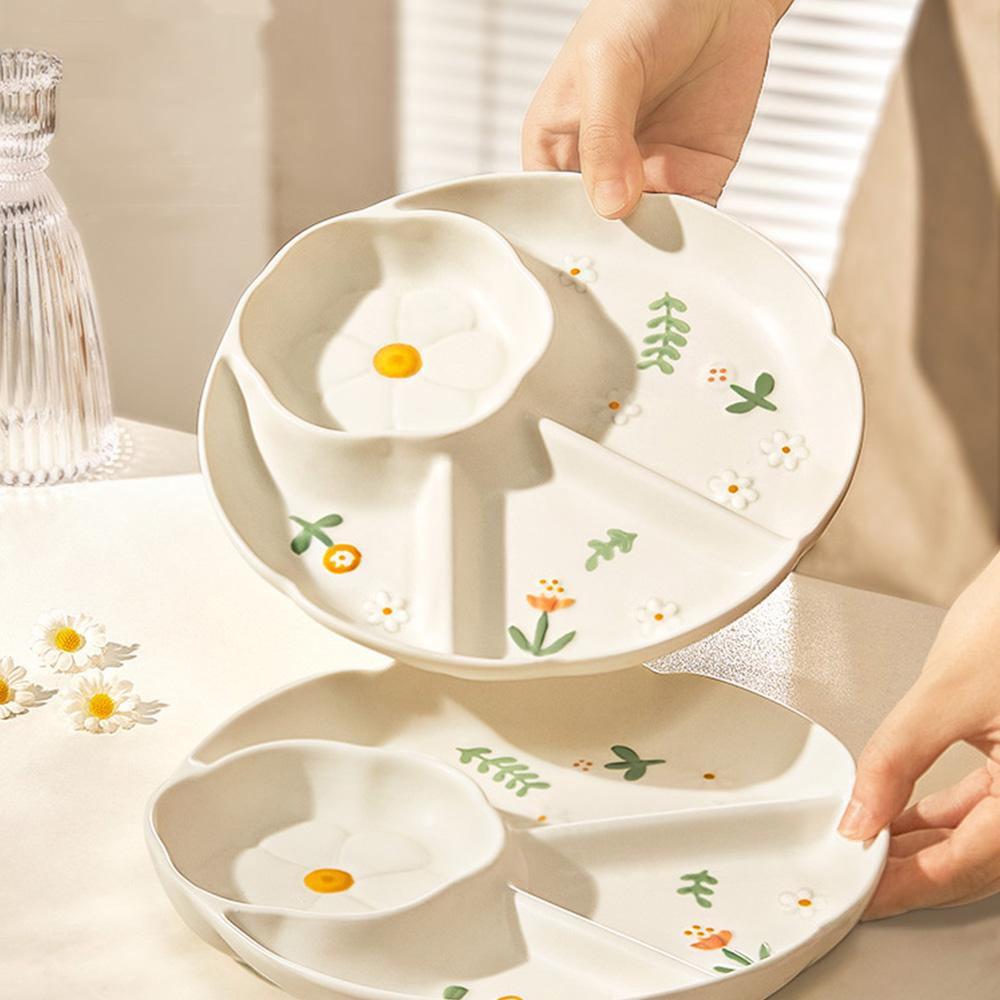 Cute Floral Relief Ceramic Plate Dividing Grids Breakfast Tablewares Durable Household Daily Fruit Salad Serving Dishes