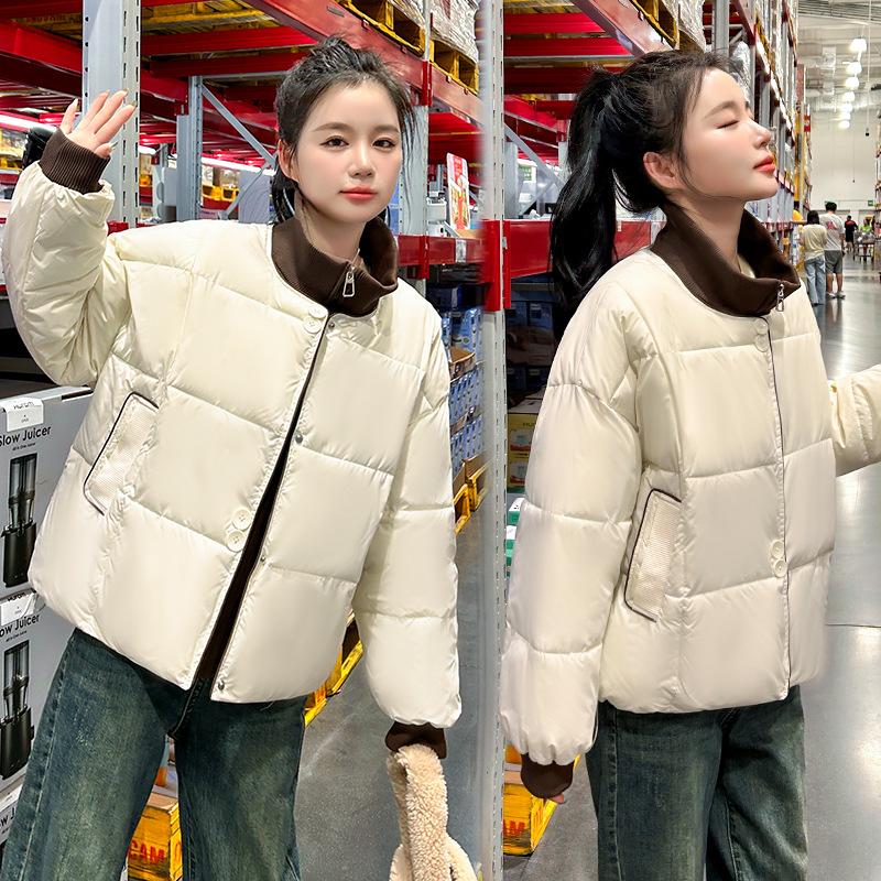 Fake two contrasting knitted patchwork down cotton jacket women's winter 2025 new plus-size design short stand-up collar jacket