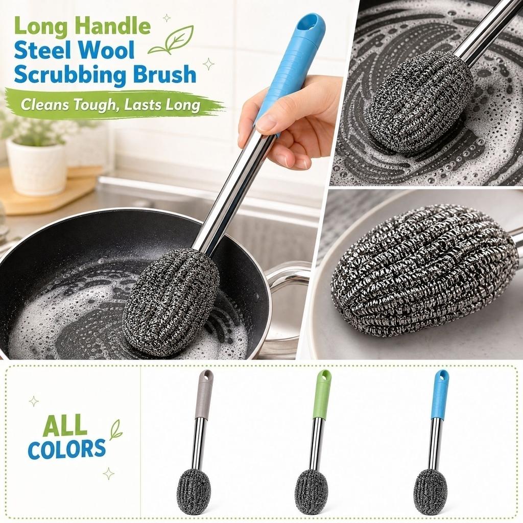 Long Handle Scrub Brush with Stainless Scourer for Bottles and Pots - Non-Shedding, Random Color