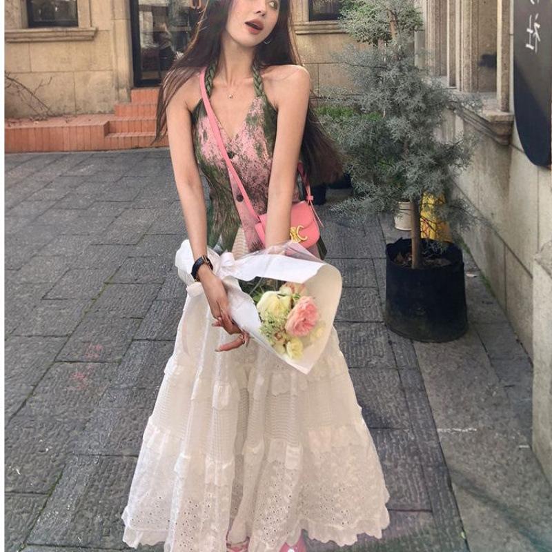 White Lace Skirt Women's Spring and Summer New Pendant Floral Cake Skirt Vacation Style A-word Skirt