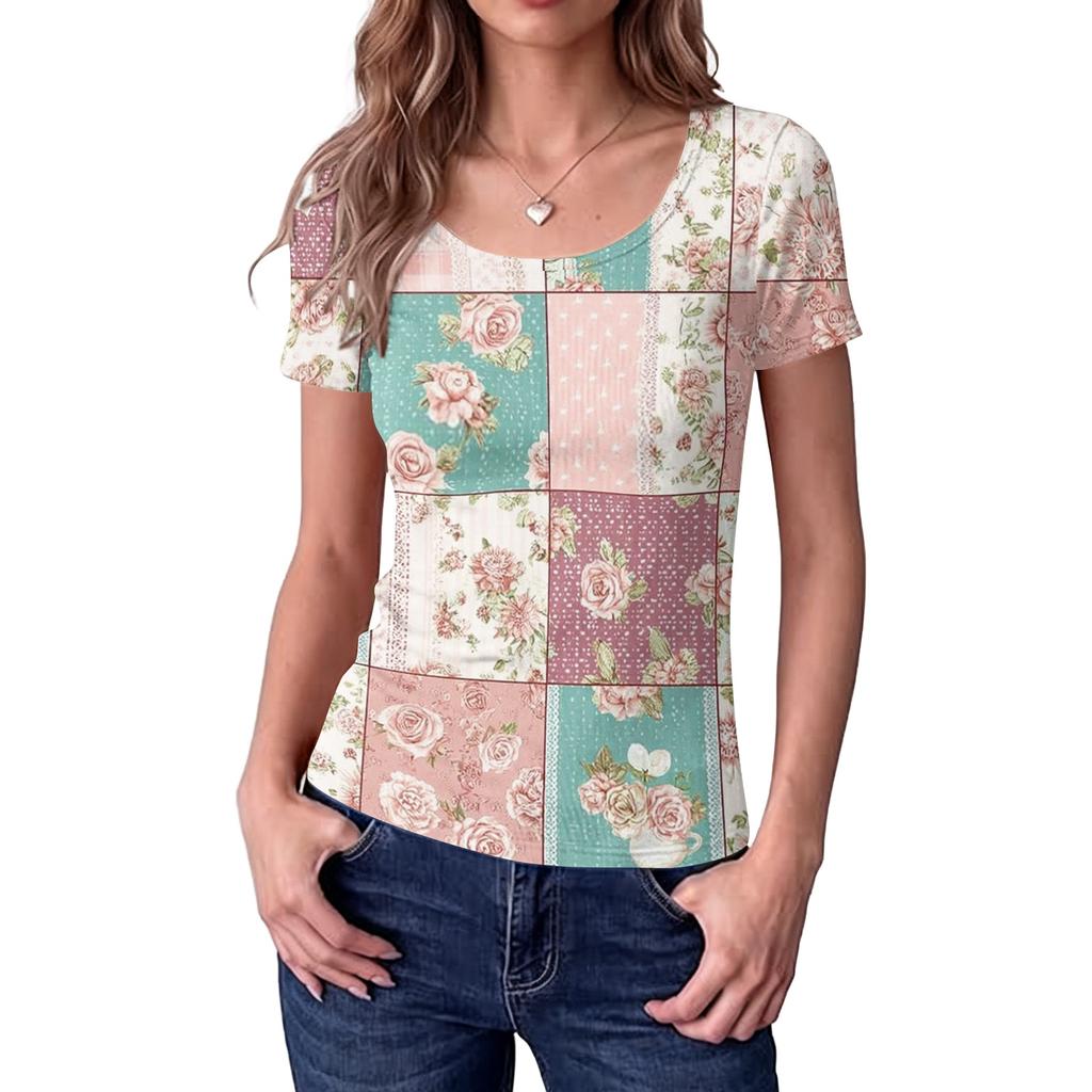 Women's Slim Fit Short Sleeve Top Square Neckline Vintage Floral Print Patchwork Design Casual Lightweight Blouse