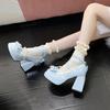 Fashion Women Platform Lolita Shoes Bow Mary Janes Shoes Party High Heels Trend Kawaii Leather Shoes Lace Fashion Chunky Heeled Pumps