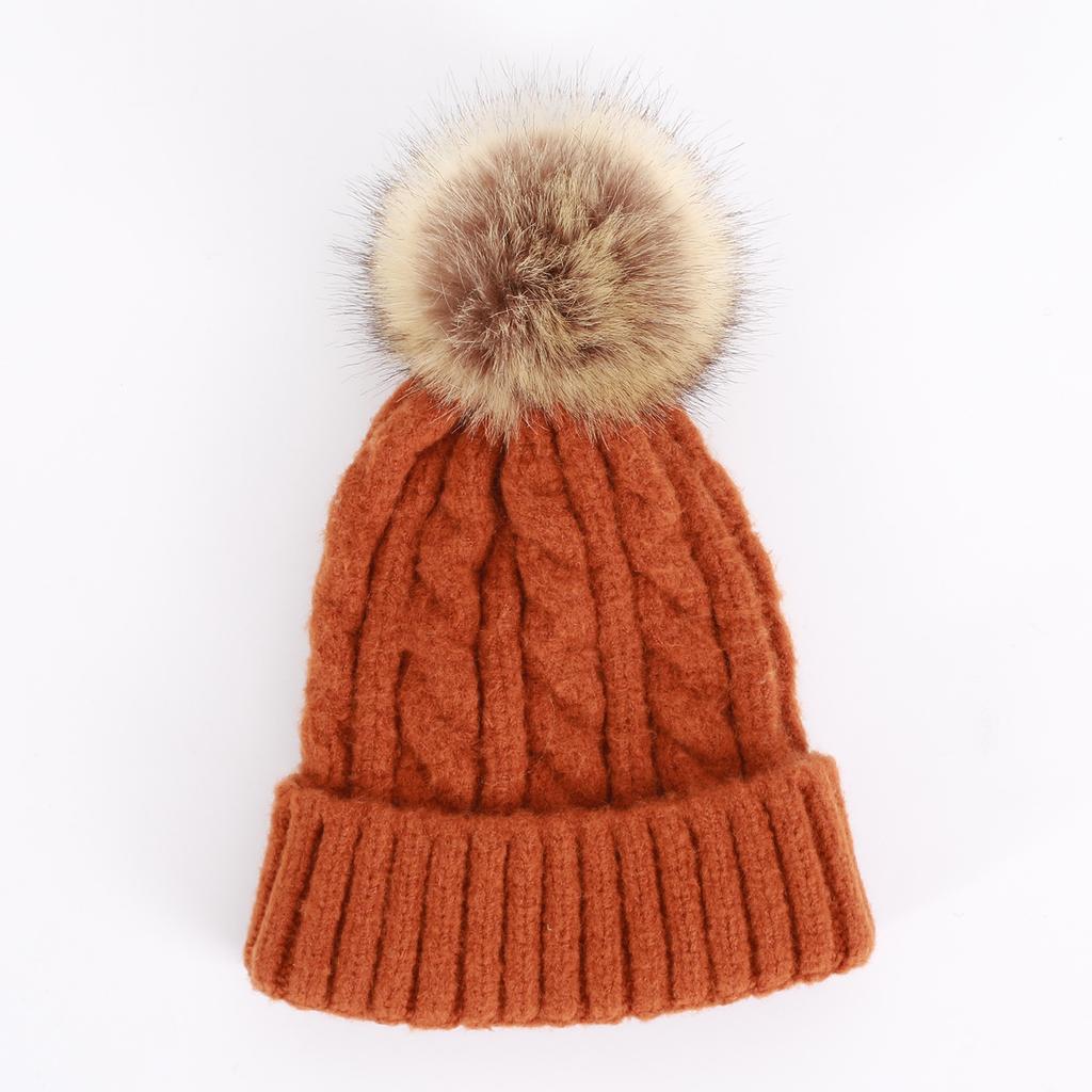 Thick Hemp Pattern Single-layer Hat Korean Style Autumn and Winter Women's Knitted Wool Cashmere Blend Solid Color Large Fur Ball Pullover Hat