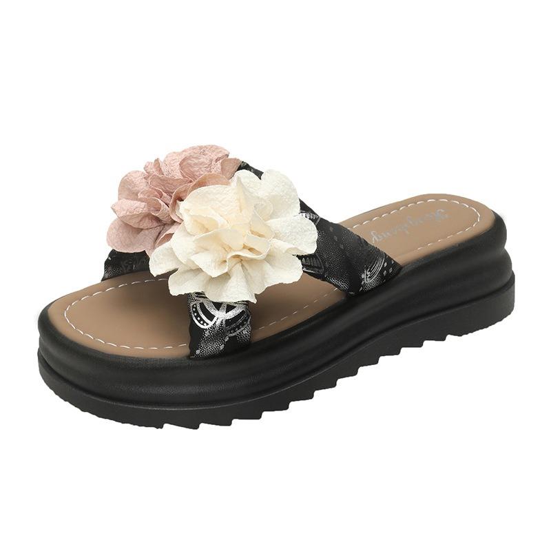 

New one-word slippers women s summer wear two-color flower thick-bottomed cool slippers women s fashion comfortable beach slippers 40 чёрный