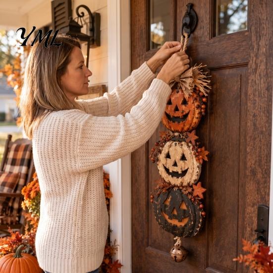 Autumn Harvest Wall Decorations Halloween Stacked Pumpkin Door Hanger, Vintage Jack?O?Lantern Hanging Ornament, Party Front Sign Rustic Fall Decor