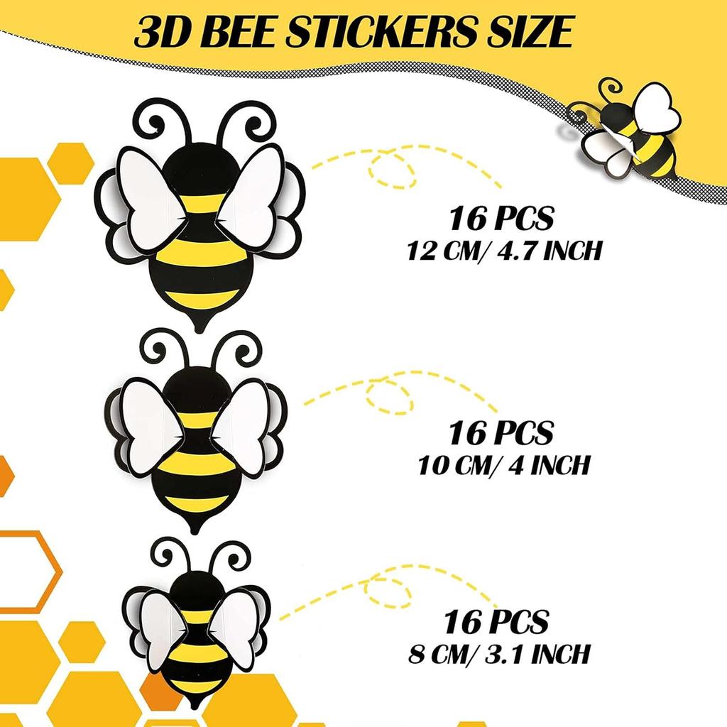48 Pieces 3D Bee Yellow Stickers Decor Removable Mural Decals Honey Bee Clings for Home Office Fridge Decorations Party Supplies,3 Sizes