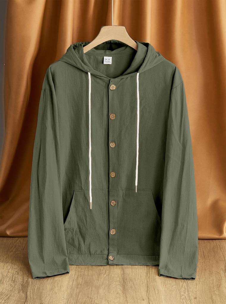 Men's Cotton Linen Button Hooded Shirt Loose Casual Long Sleeve Beach Resort Jacket