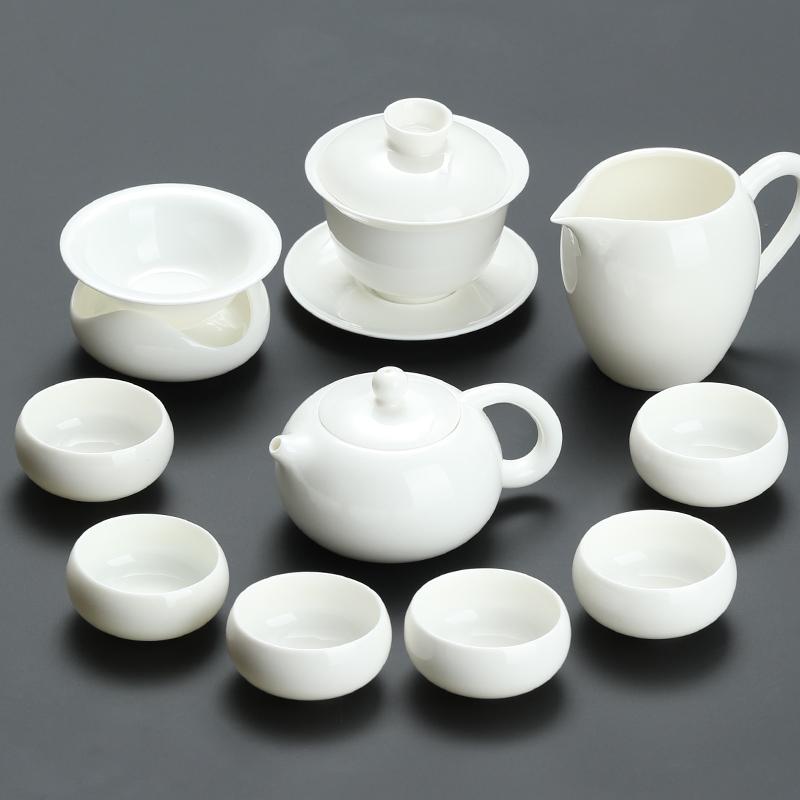Goat Jade White Porcelain Kung Fu Tea Set Home Brewing Teapot Covered Bowl Chinese Light Luxury Brewing Tea Cup Office Guests