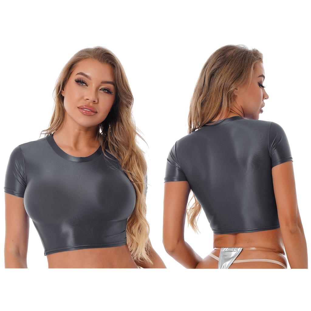 Women Crop Top Tee Short Sleeve Round Neck Slim Fit Solid Color Sportswear Yoga Running Shirt