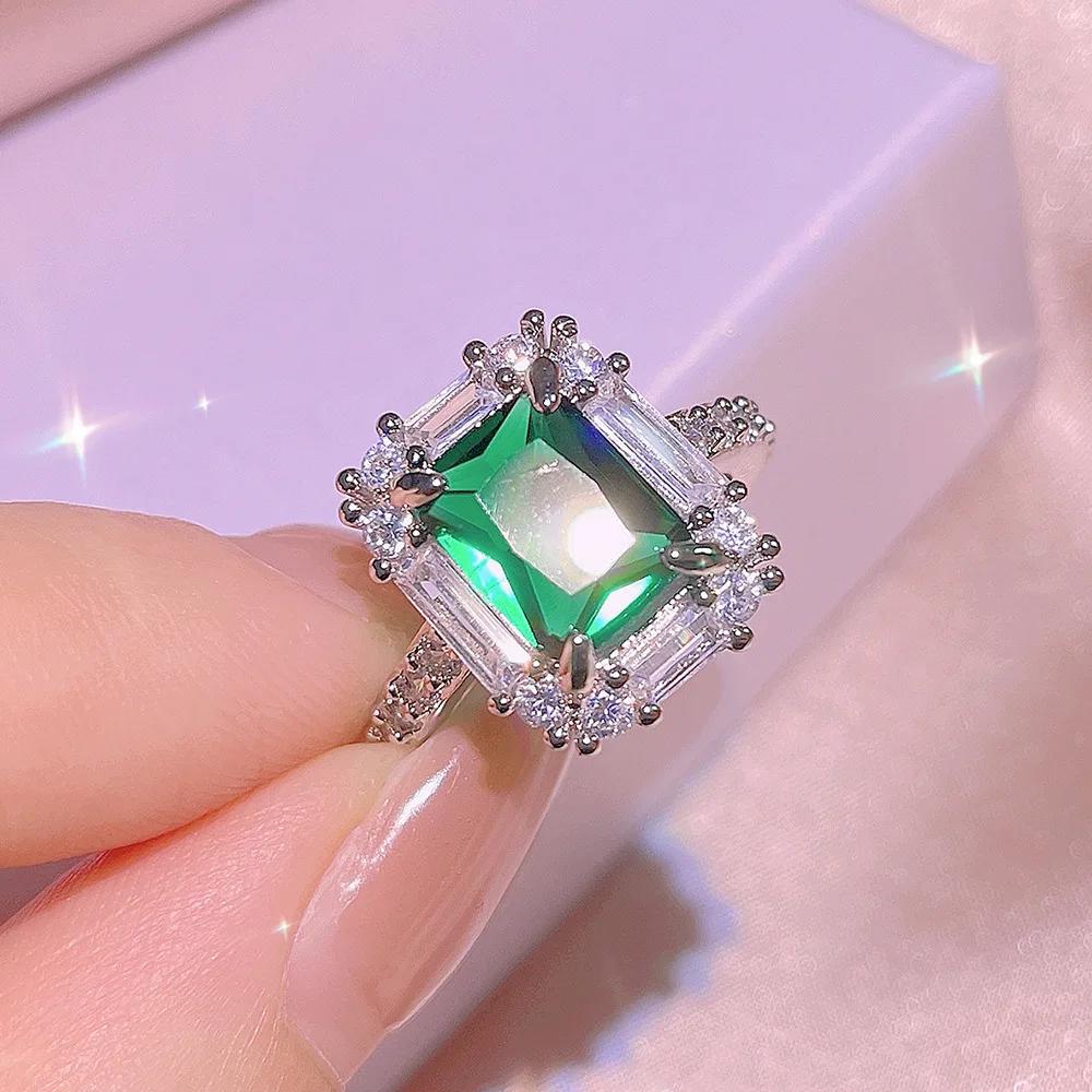 Sterling Silver Wedding Rings for Women Fashion Creative Design Green Emerald Stone France Vintage Party S Bride