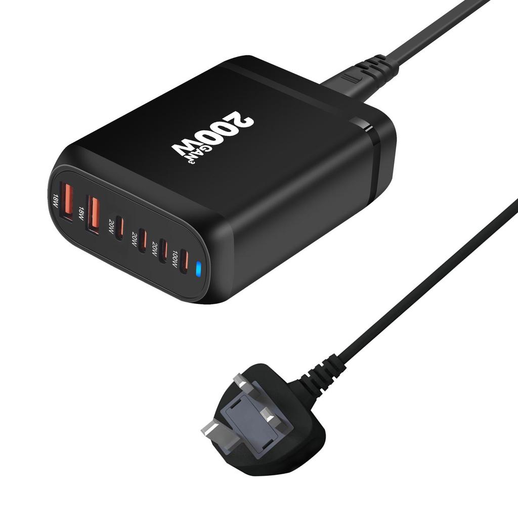 200W Gallium Nitride Multifunctional Desktop Charger with 3A3C Ports - Universal Fast PD Charging Adapter