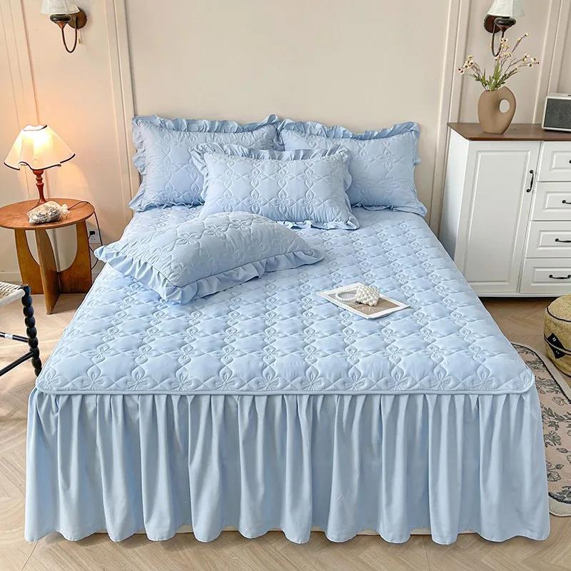 3 Pcs Washed Cotton Bed Skirt Set Cover Solid Color Home Bed Spread Cotton Bed Mattress Dust Protection Cover 3 pcs 120x200cm