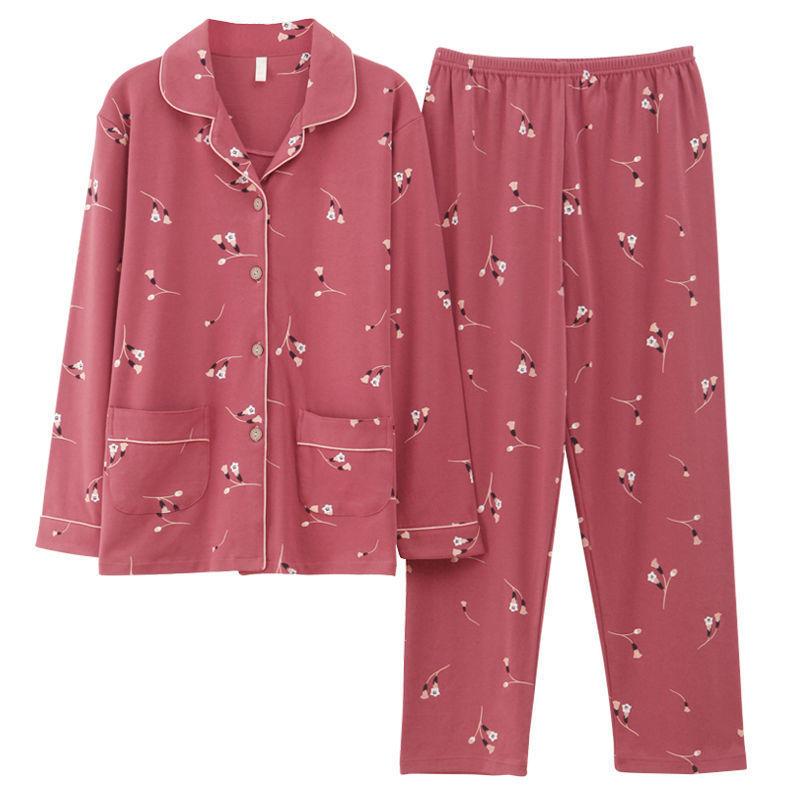 In the Elderly Pure Cotton Pajamas Women's Spring and Autumn Long-sleeved Middle-aged Mother Large Size Cardigan Set Old Lady Loungewear
