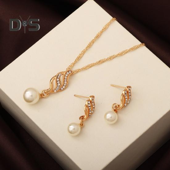 2Pcs/Set Women Jewelry Set Imitation Pearl Rhinestones Inlaid Necklace Drop Earrings Set Wedding Accessories