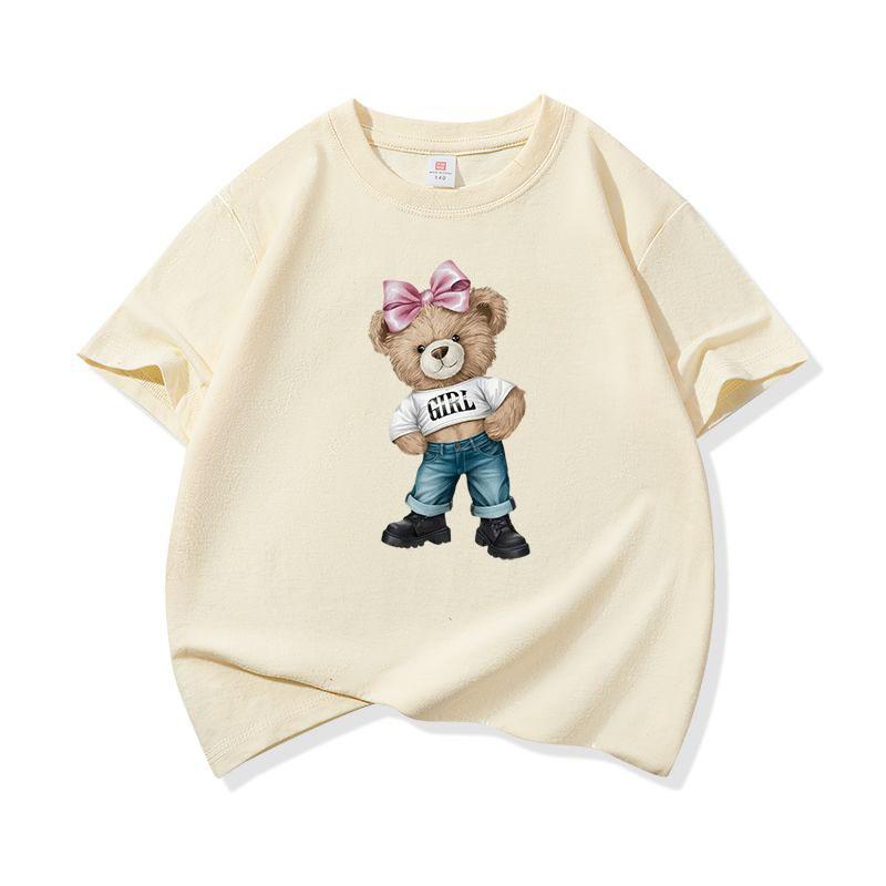 Girl Bear With Pink Bow Graphic Tee Kids Pure Cotton Crew Neck T Shirt Short Sleeve Muticolor Tops For Boys Girls Children