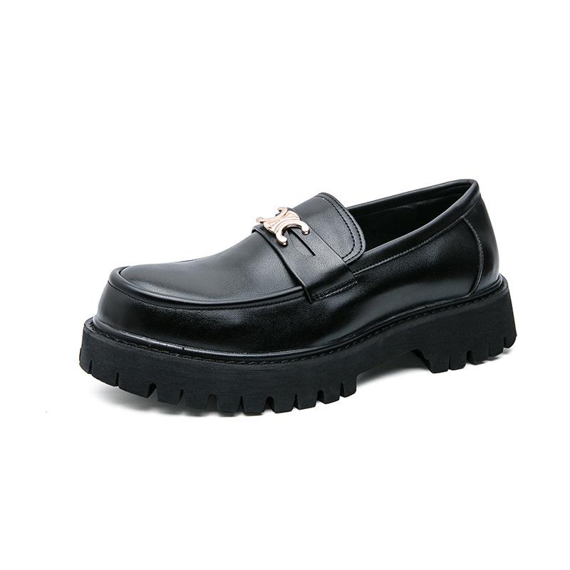 Leather shoes men's round head heightening shoes horse buckle men's loafers trendy casual shoes men's one-pedal small leather shoes