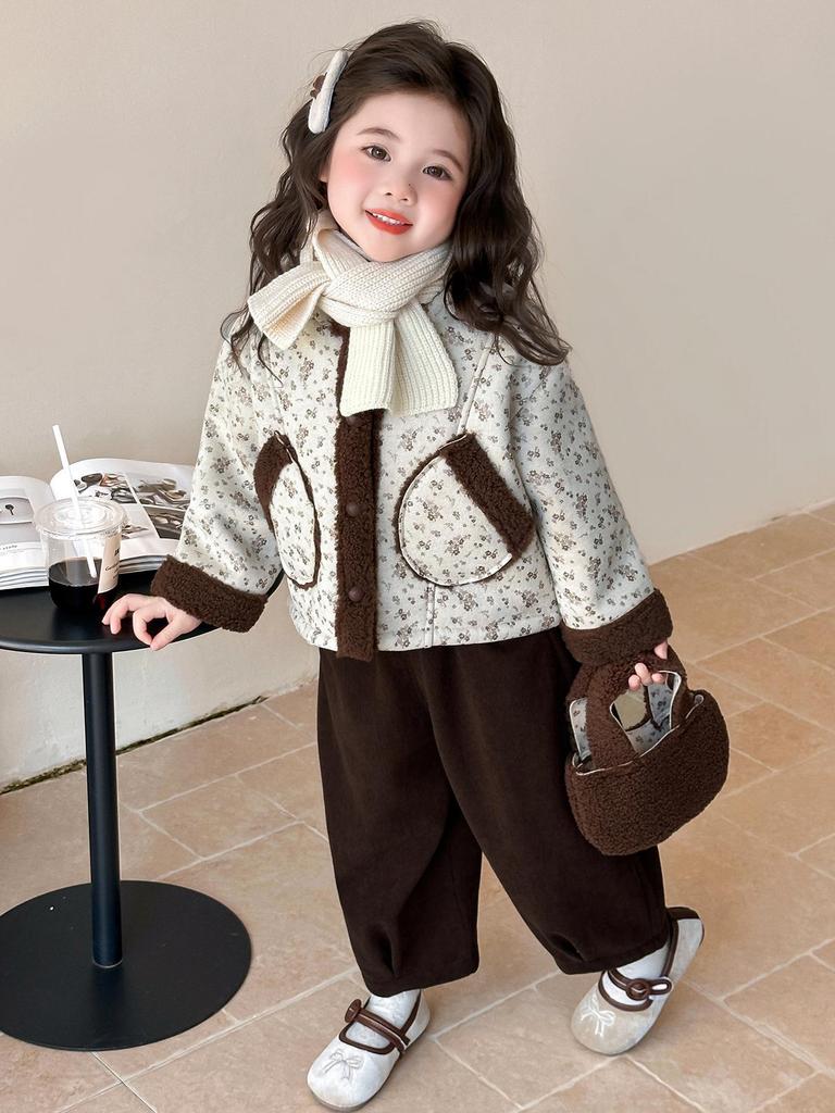 Girls' Fleece-Lined Fur Coat and Pants Set - Autumn/Winter Fashionable One-Piece Sweater Coat.