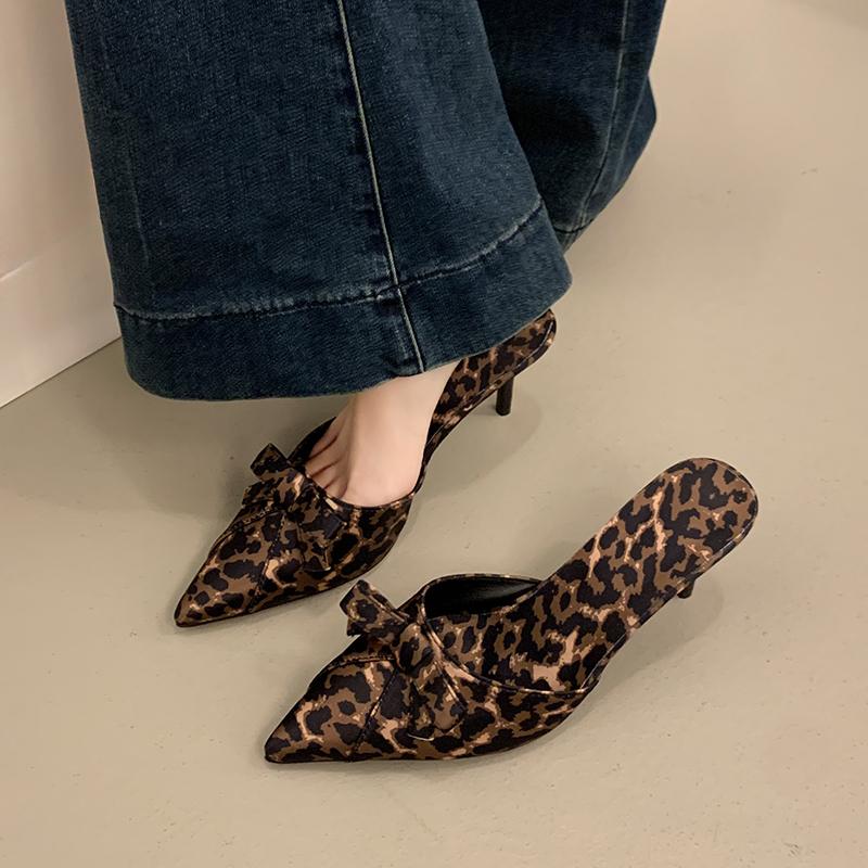 Fashion Bow Leopard Pointed Toe Women Sandals High Heels Slippers Party Shoes Designer 2025 Summer Pumps Flip Flops Woman Shoes Zapatos