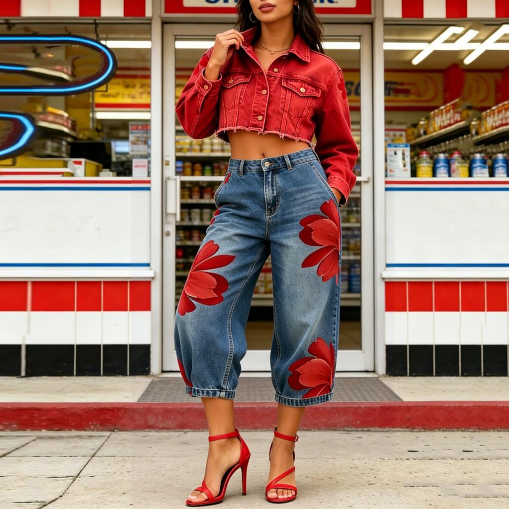 Women's Fashion Floral Print Denim Casual Wide Leg Pants High Waist Loose Fit Comfortable Bottoms Suitable for Everyday Wear