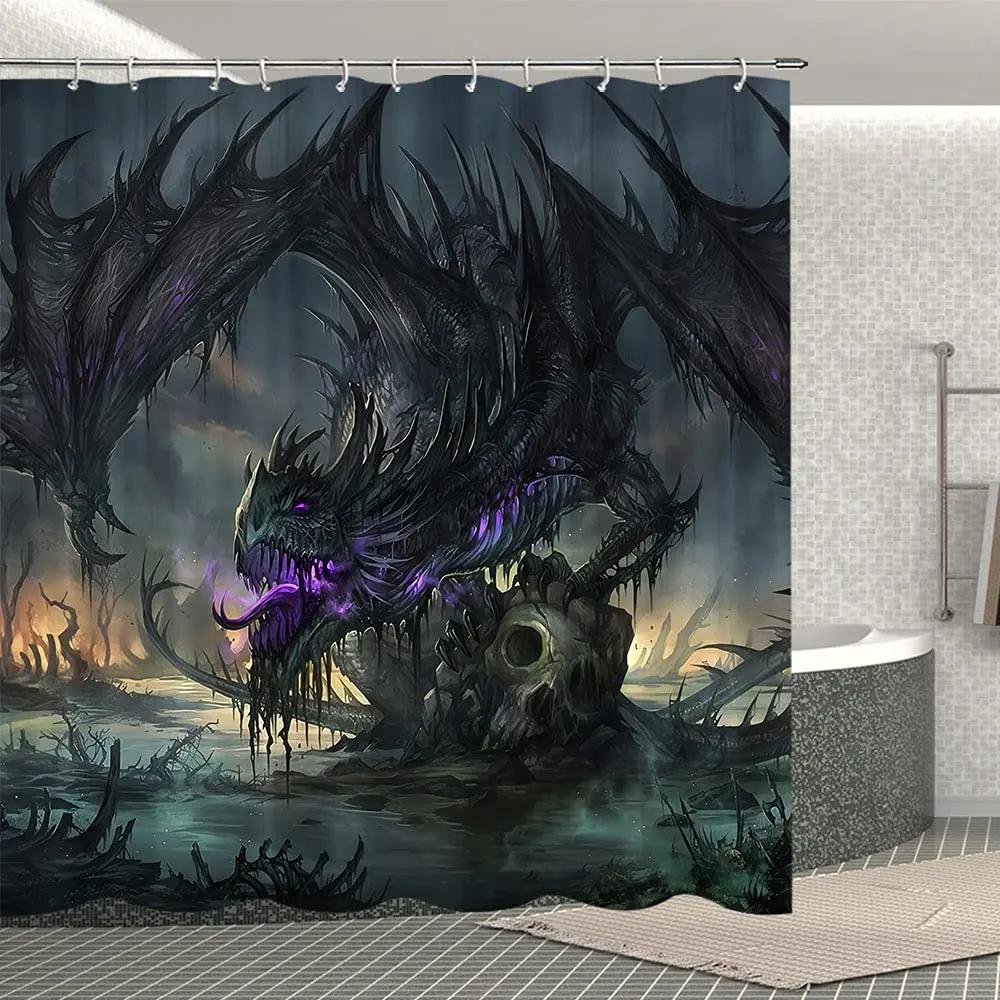 Thème Fantasy Médiévale Dragon Violet Rideau de Douche Animaux Magiques Tissu Polyester Rideau de Bain Pour Décoration de Salle de Bain Avec Crochets